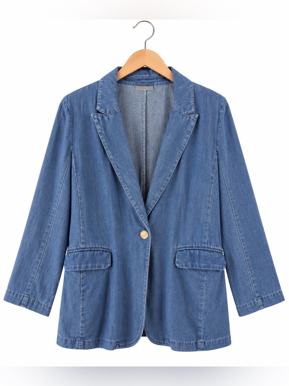LOFT Chambray Denim Blazer Large Blue One Button Jacket Coastal Preppy